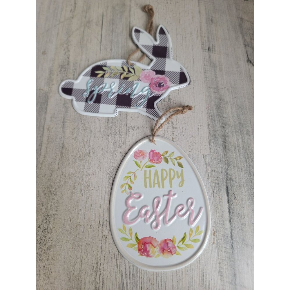 Tin‎ metal plaid Easter bunny egg mini sign set home decor